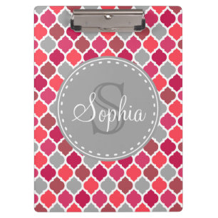 Stylish Pink Grey Moroccan Pattern Monogram Clipboard