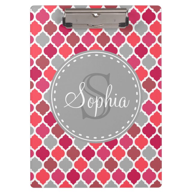 Stylish Pink Grey Moroccan Pattern Monogram Clipboard (Front)