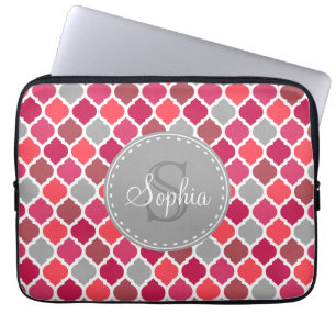 Stylish Pink Grey Moroccan Pattern Monogram Laptop Sleeve