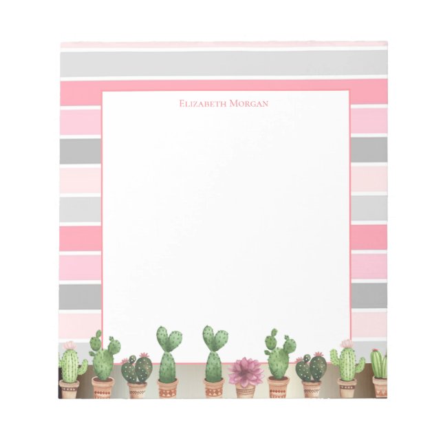 Stylish Pink Grey  Stripes,Watercolor Cactus Notepad (Front)