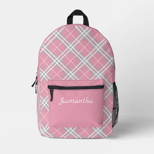 Stylish Pink & Grey Tartan Pattern Personalised Printed Backpack (Front)