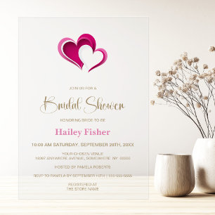 Stylish Pink Hearts Bridal Shower Acrylic Invitations