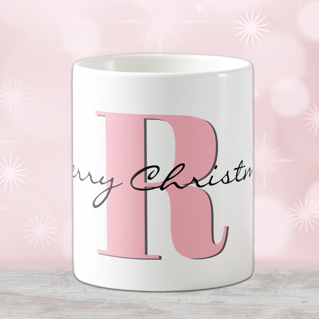 Stylish Pink Initial and Merry Christmas Classic Coffee Mug (Creator Uploaded)