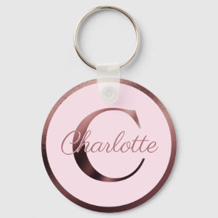 Stylish Pink Letter C Rose Gold Metallic Monogram Key Ring