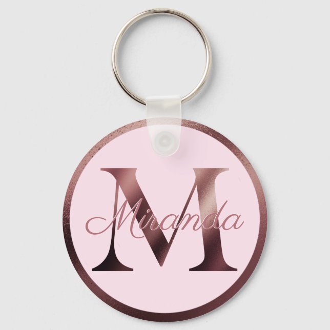 Stylish Pink Letter M Rose Gold Metallic Monogram Key Ring (Front)