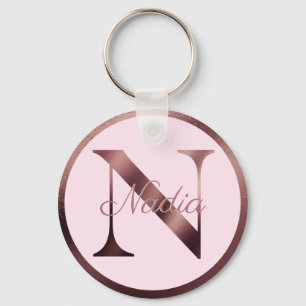 Stylish Pink Letter N Rose Gold Metallic Monogram Key Ring