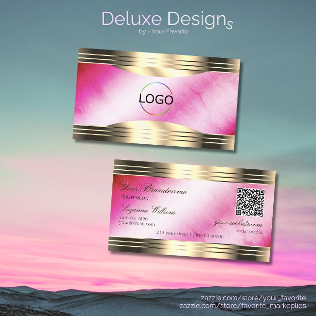 Stylish Pink Marble Gold Borders Logo and QR Code Business Card (Creator Uploaded)