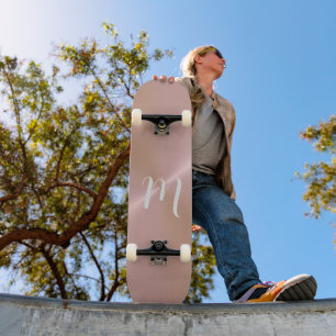 Stylish Pink Metallic Light Grey Monogram Skateboard
