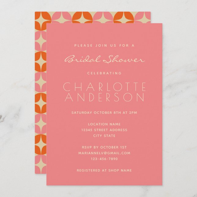 Stylish Pink Mid Mod Geometric Bridal Shower  Invitation (Front/Back)