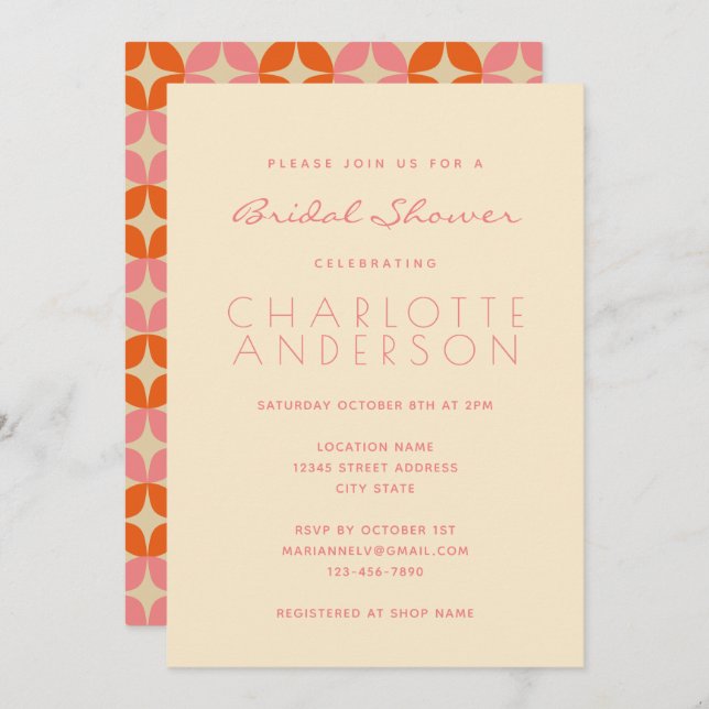 Stylish Pink Mid Mod Geometric Cream Bridal Shower Invitation (Front/Back)
