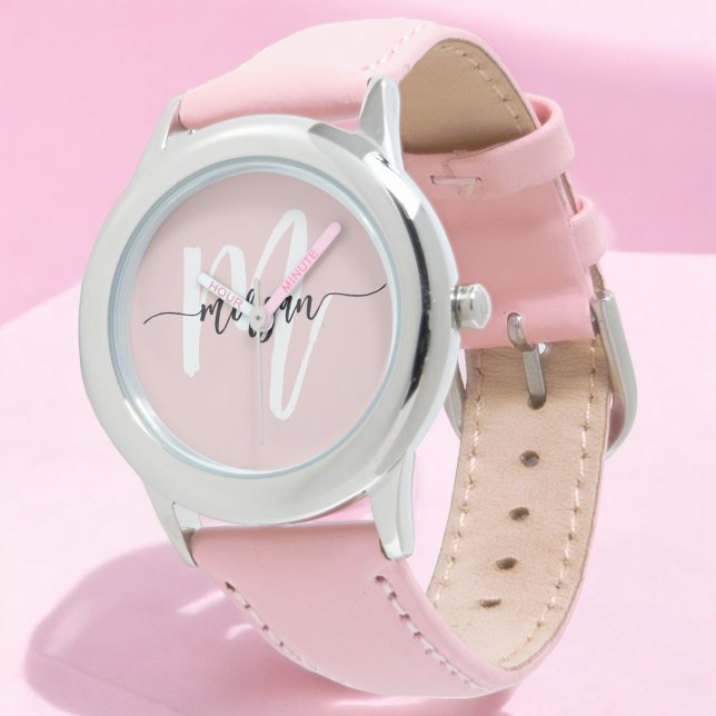 Stylish Pink Modern Script Girls Monogram Name Watch (Creator Uploaded)
