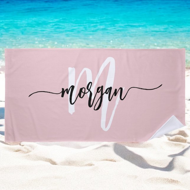 Stylish Pink Modern Script Girly Monogram Name Beach Towel (Creator Uploaded)
