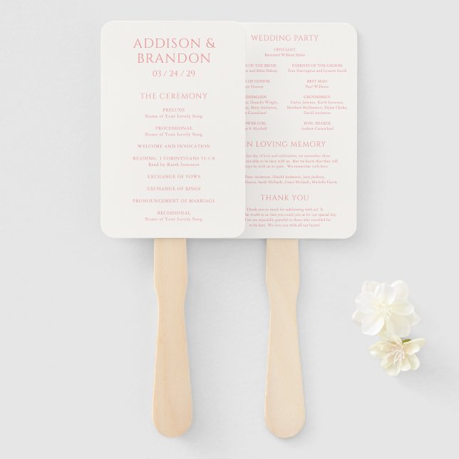 Stylish Pink Modern Wedding Program Hand Fan (Front and Back)