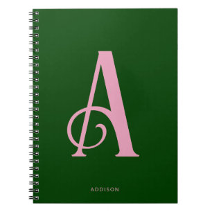 Stylish Pink Monogram Initial on Dark Green Notebook