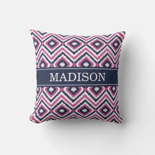 Stylish Pink Navy Ikat Diamond Pattern with Name Cushion (Front)