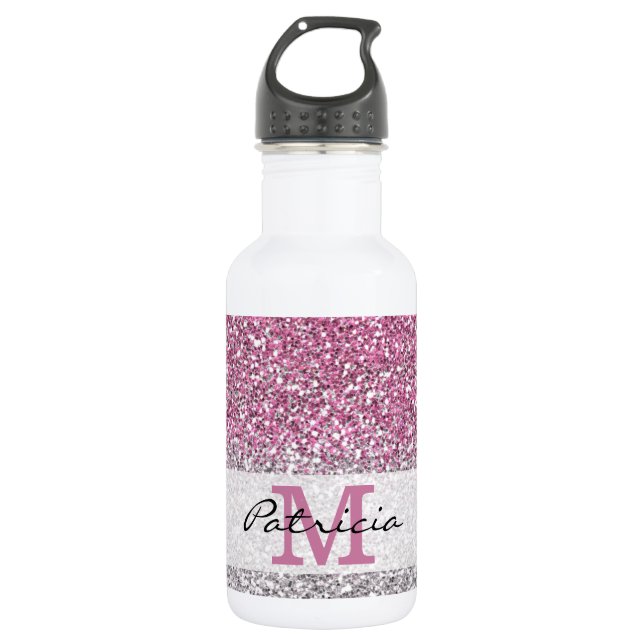 Stylish Pink Ombre Glitter Monogram Name 532 Ml Water Bottle (Front)