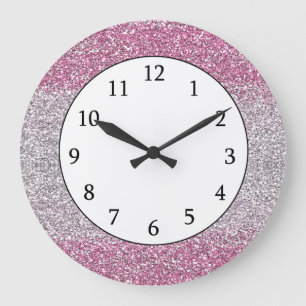 Stylish Pink Ombre  Glitter Sparkly Large Clock