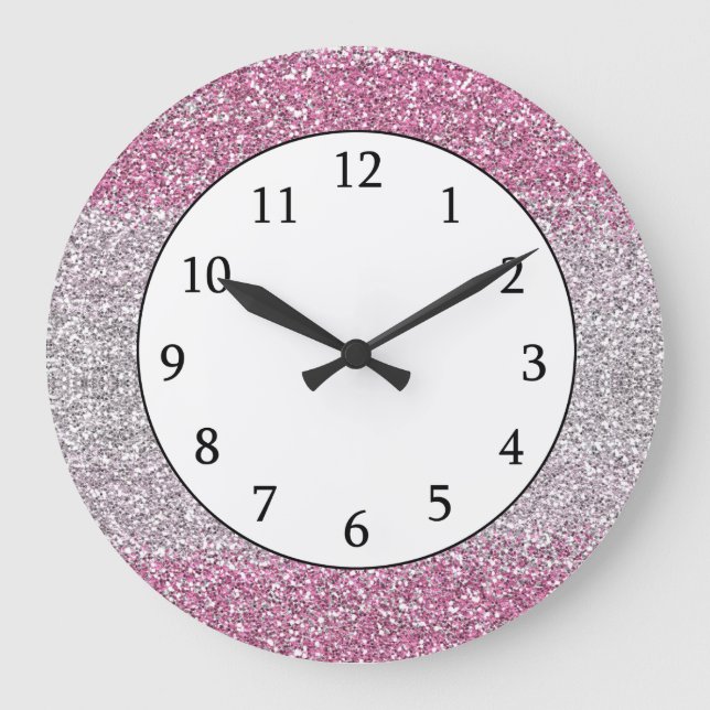 Stylish Pink Ombre  Glitter Sparkly Large Clock (Front)