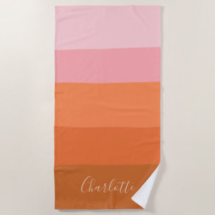 Stylish Pink Orange Abstract Stripes Script Name Beach Towel