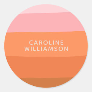 Stylish Pink Orange Abstract Stripes Script Name   Classic Round Sticker