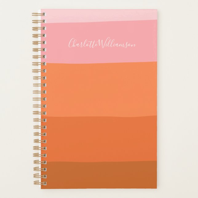 Stylish Pink Orange Abstract Stripes Script Name  Planner (Front)
