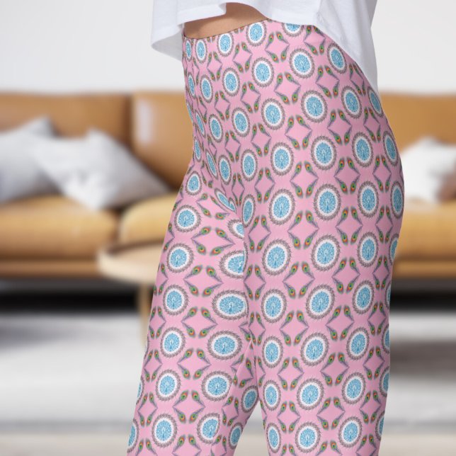 Stylish Pink Peacock Feathers Pattern Leggings (Peacock over Light Pink with Feathers Leggings)