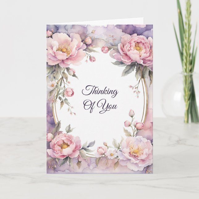 Stylish Pink Peony Oval Frame Thinking of You Card (Front)