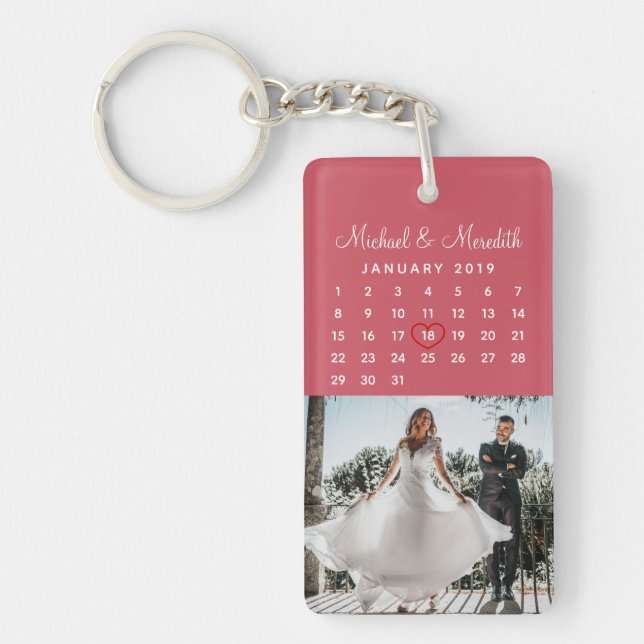 Stylish Pink Photo Wedding Anniversary Calendar Key Ring (Front)