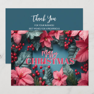 Stylish Pink Poinsettias Business Logo Christmas Holiday Card
