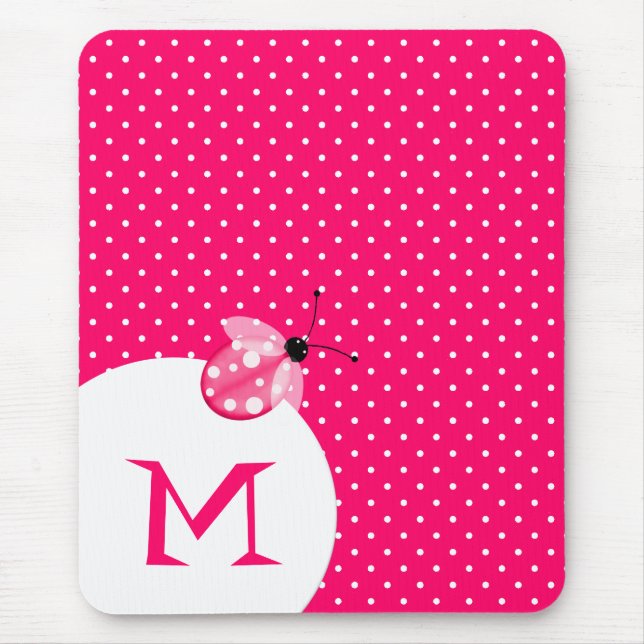 Stylish Pink Polka Dot With Ladybug & Monogram Mouse Pad (Front)