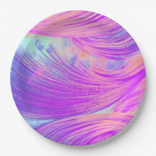 Stylish Pink Purple Abstract Feathers Paper Plate