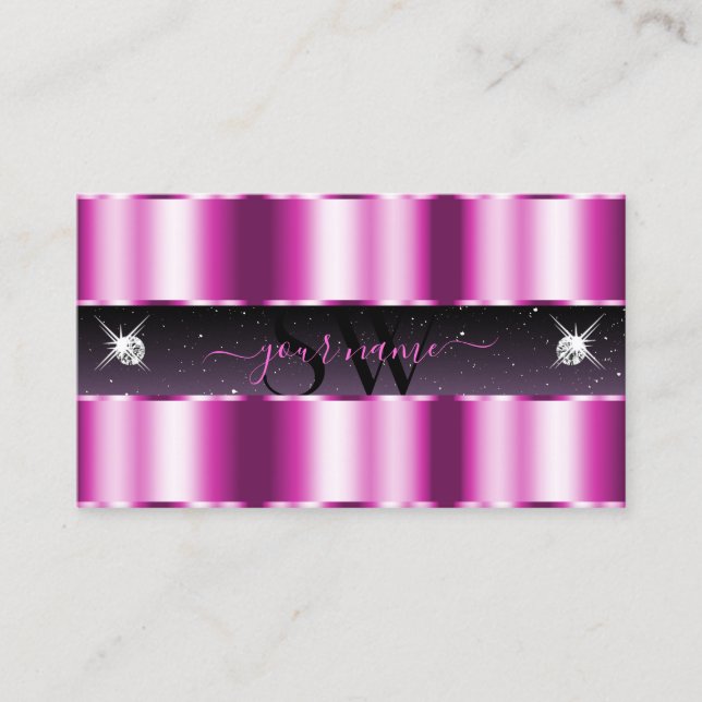 Stylish Pink Purple Black Sparkle Jewels Monogram Business Card (Front)