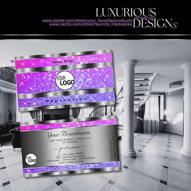 Stylish Pink Purple Glitter Stars and Logo Silver  Business Card (Creator Uploaded)