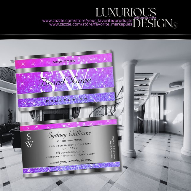 Stylish Pink Purple Glitter Stars Monogram Silver  Business Card (Creator Uploaded)