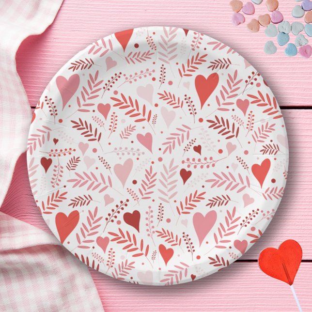 Stylish Pink Red Heart Pattern Valentines Paper Plate (Creator Uploaded)