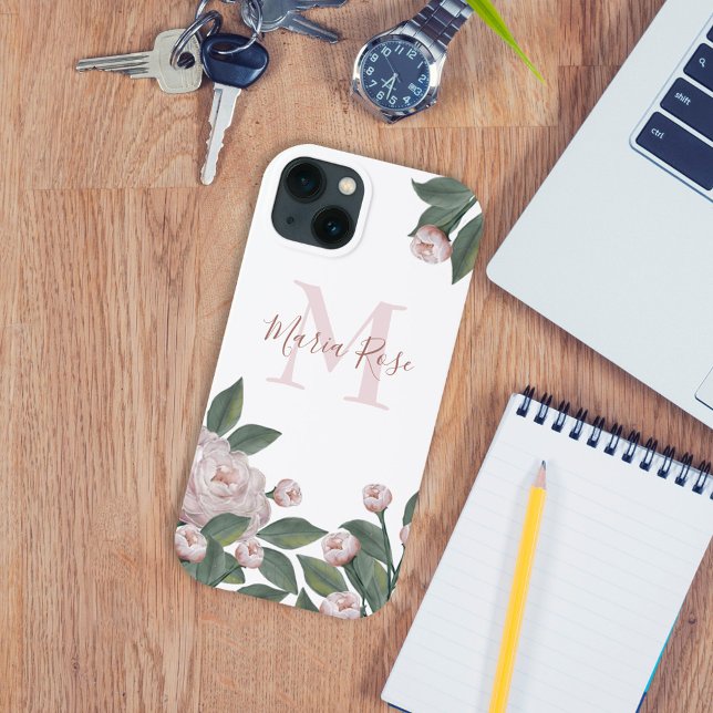 Stylish Pink Rose Floral Monogram Personalised Case-Mate iPhone Case (Creator Uploaded)