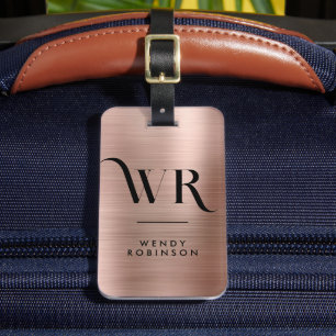 Stylish Pink Rose Gold Metal Two Monogram Initial  Luggage Tag