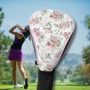 Stylish Pink Roses Name Monogram Golf Head Cover