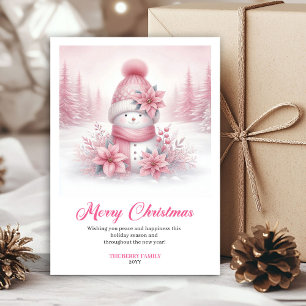 Stylish Pink Snowman Digital Festive Scene Greetin Holiday Card