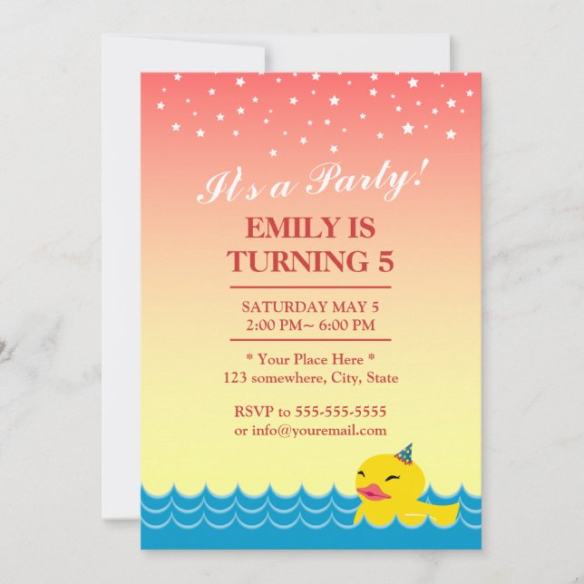 Stylish Pink Star Sky Cute Rubber Duck Birthday Invitation (Front)