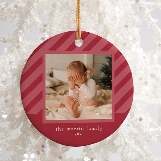 Stylish Pink Stripe Simple Photo Christmas Cerami Ceramic Ornament (Creator Uploaded)