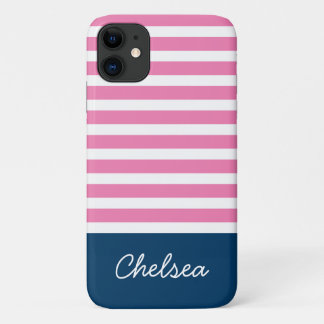 Stylish Pink Stripes Blue Name iPhone 11 Case