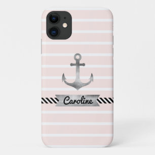 Stylish Pink Stripes Watercolor Anchor Custom iPhone 11 Case