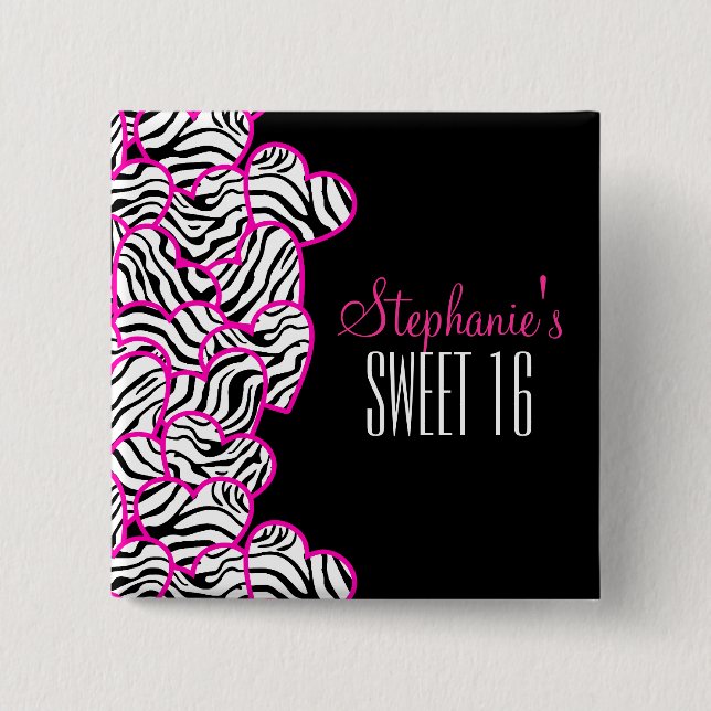 Stylish Pink Sweet 16 Zebra Heart Design Name  15 Cm Square Badge (Front)