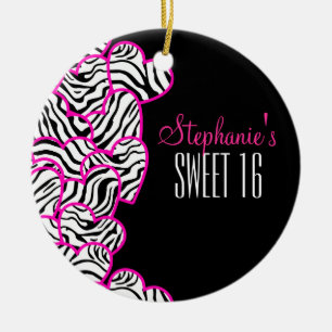 Stylish Pink Sweet 16 Zebra Heart Design Name  Ceramic Ornament