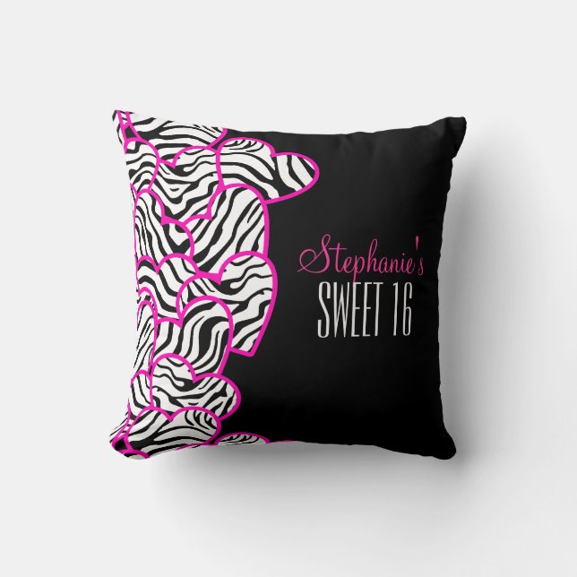 Stylish Pink Sweet 16 Zebra Heart Design Name  Cushion (Front)