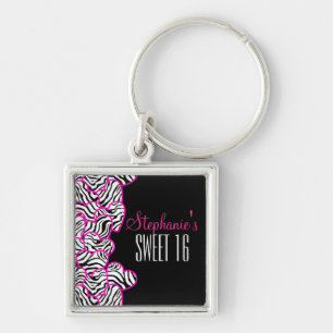 Stylish Pink Sweet 16 Zebra Heart Design Name  Key Ring
