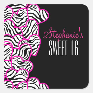 Stylish Pink Sweet 16 Zebra Heart Design Name  Square Sticker