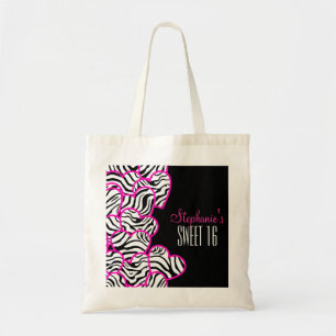 Stylish Pink Sweet 16 Zebra Heart Design Name Tote Bag