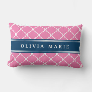 Stylish Pink Trellis Pattern Navy Blue Nameplate Lumbar Cushion